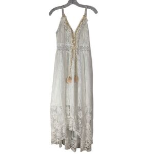 White Lace Maxi Dress Pom Pom Hi Low Boho Bridal Shower Summer Beach